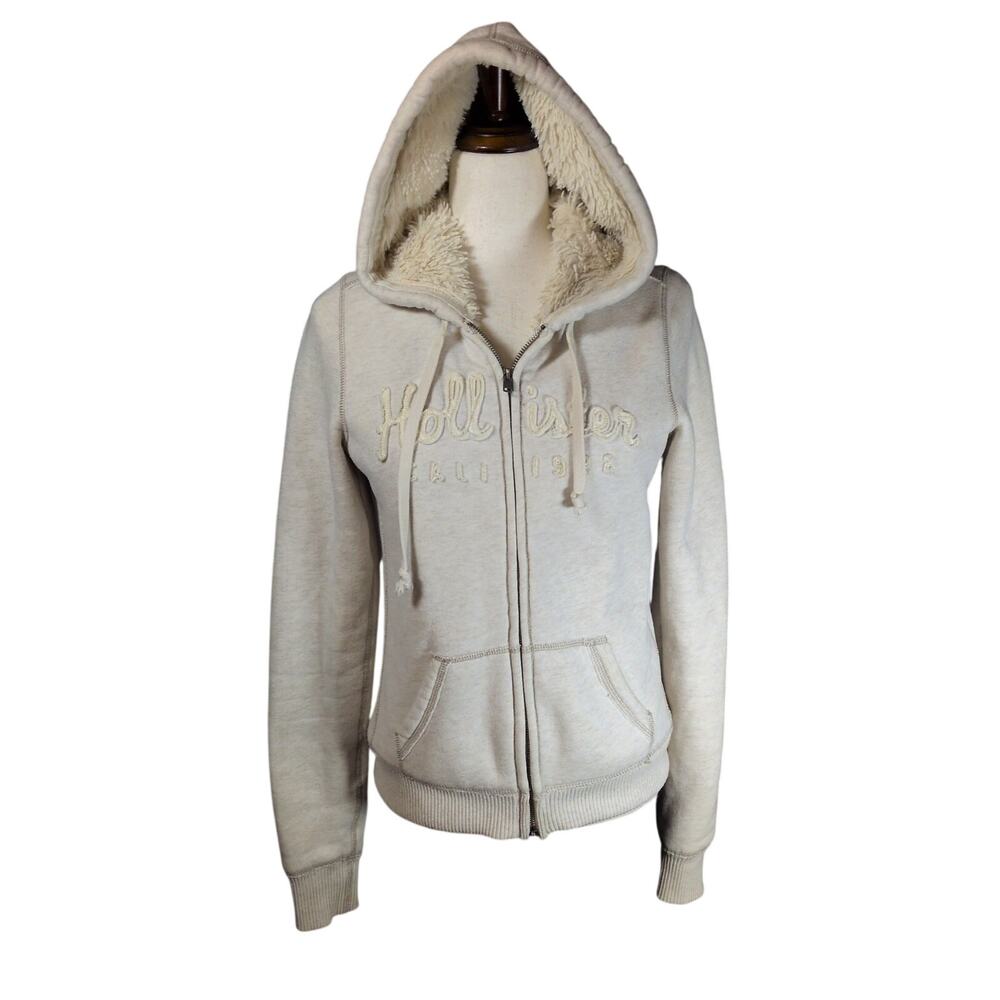 Y2K Hollister Spell Out Sherpa Lined Faux Fur Hoodie Zip Up Jacket Beige Large